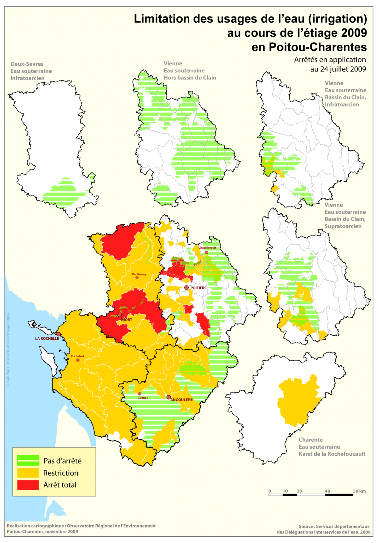 Limitation des usages de l'eau (irrigation) au cours de l'étiage 2009 en Poitou-Charentes - Arrêtés en application au 24 juillet 2009