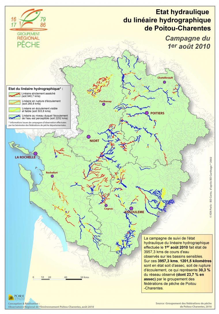 Etat hydraulique du linéaire hydrographique de Poitou-Charentes - Campagne du 1er aout 2010