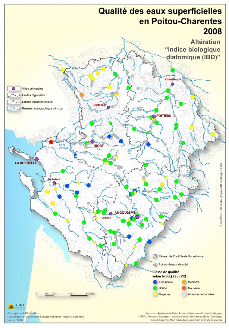 Qualité des eaux superficielles en Poitou-Charentes - Altération "Indice diatomique biologique" en 2008