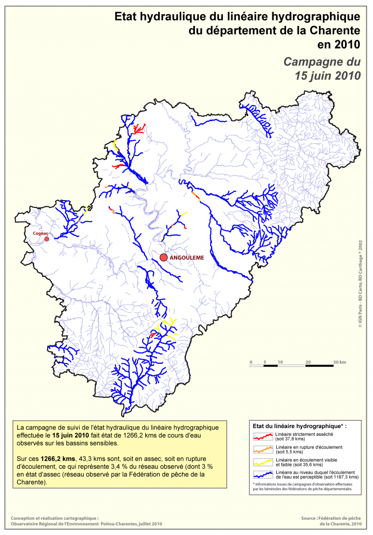 Etat hydraulique du linéaire hydrographique de la Charente en 2010 - Campagne du 15 juin 2010