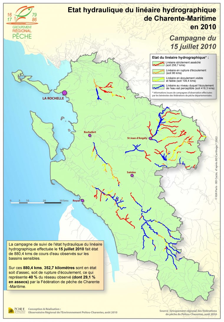 Etat hydraulique du linéaire hydrographique du département de la Charente-Maritime - Campagne du 15 juillet 2010