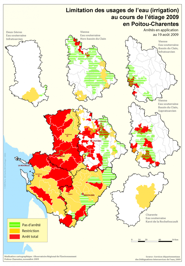 Limitation des usages de l'eau (irrigation) au cours de l'étiage 2009 en Poitou-Charentes - Arrêtés en application au 19 août 2009