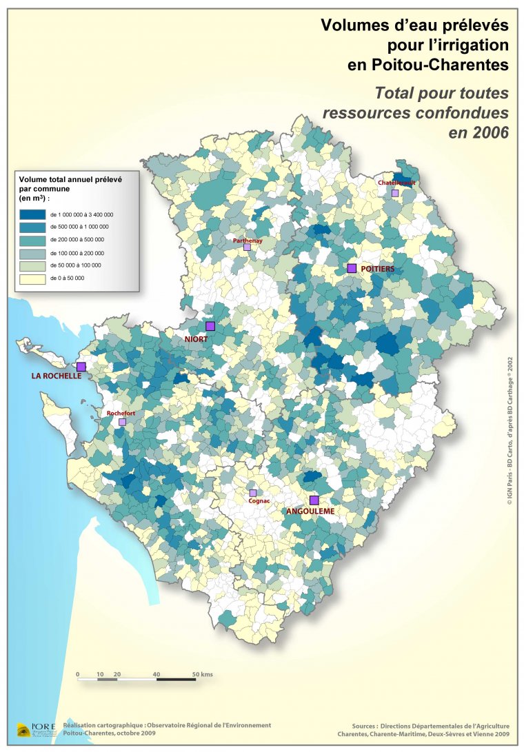Volumes d'eau prélevés pour l'irrigation, toutes ressources confondues en Poitou-Charentes - Total année 2006