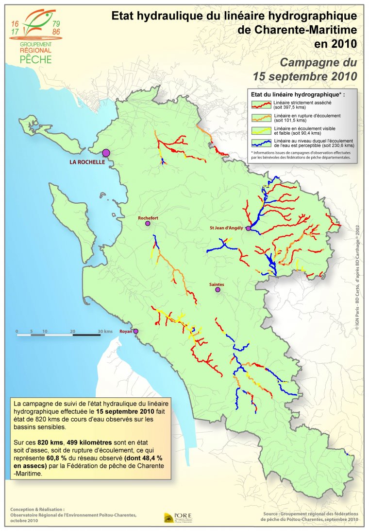 Etat hydraulique du linéaire hydrographique du département de la Charente-Maritime - Campagne du 15 septembre 2010