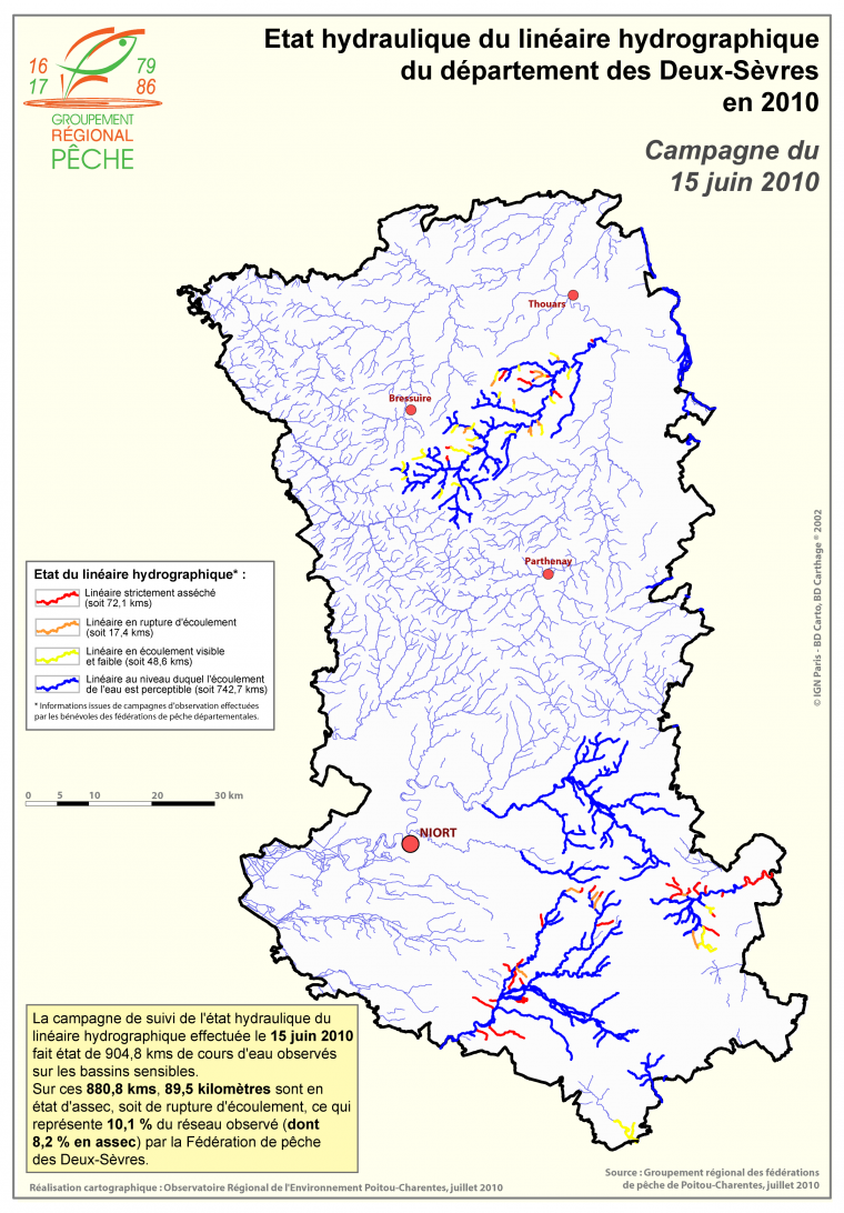 Etat hydraulique du linéaire hydrographique du département des Deux-Sèvres en 2010 - Campagne du 15 juin 2010