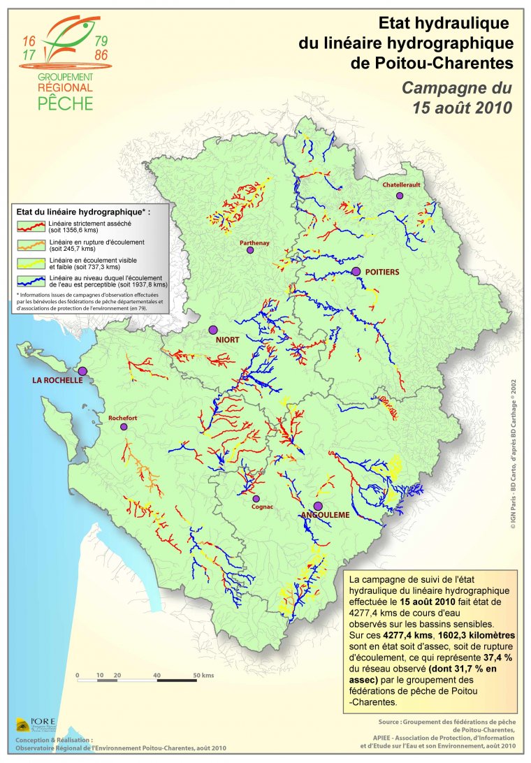 Etat hydraulique du linéaire hydrographique de la région Poitou-Charentes - Campagne du 15 aout 2010