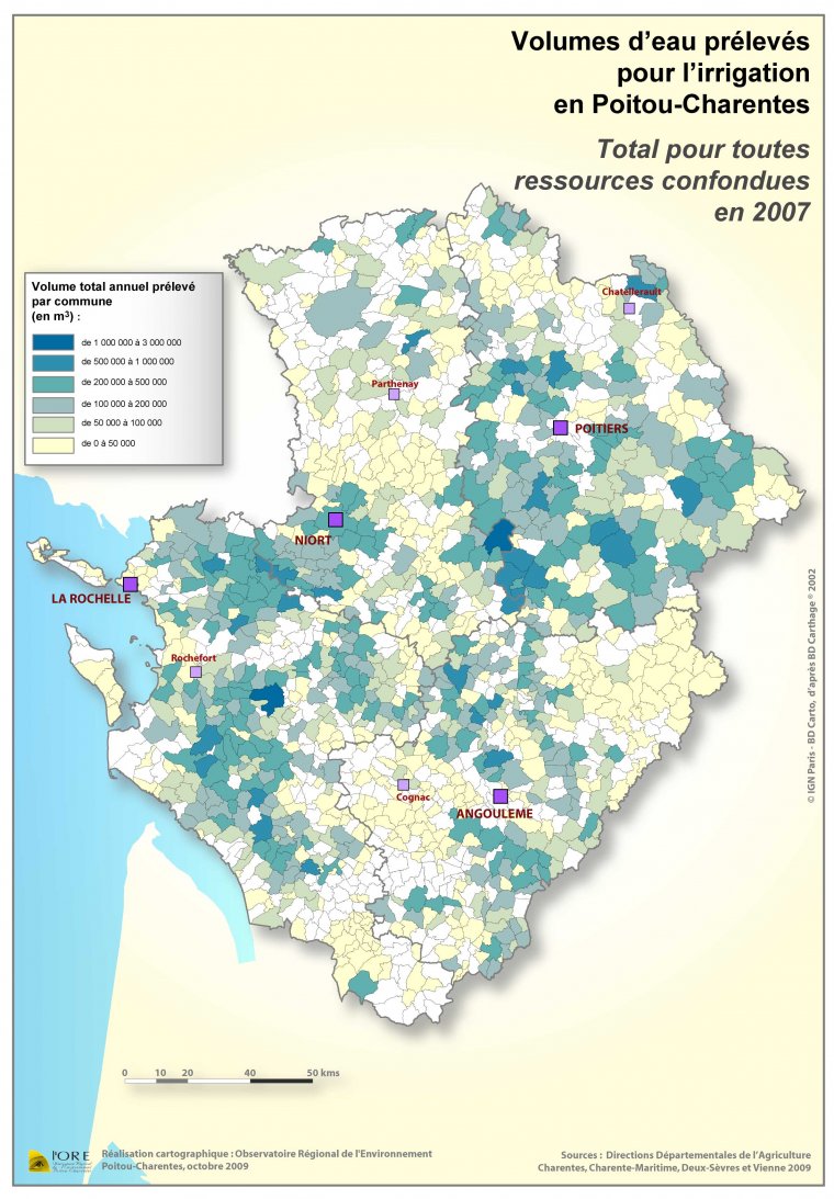 Volumes d'eau prélevés pour l'irrigation, toutes ressources confondues en Poitou-Charentes - Total année 2007