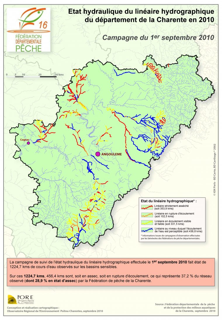 Etat hydraulique du linéaire hydrographique du département de la Charente - Campagne du 1er septembre 2010