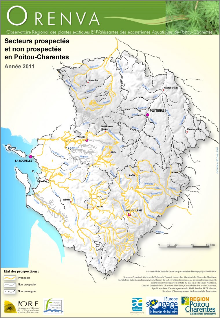 Secteurs prospectés en 2011 en Poitou-Charentes (espèces exotiques envahissantes)