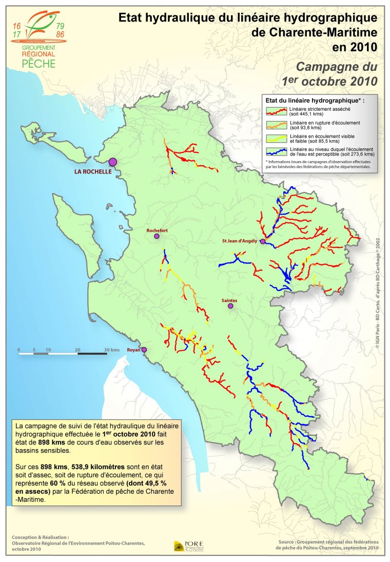 Etat hydraulique du linéaire hydrographique du département de la Charente-Maritime - Campagne du 1er octobre 2010
