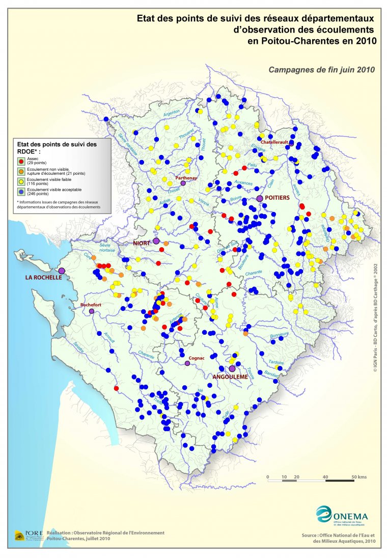 Etat des points de suivi des réseaux départementaux d'observation des écoulements en Poitou-Charentes en 2010 - Campagnes de fin juin 2010