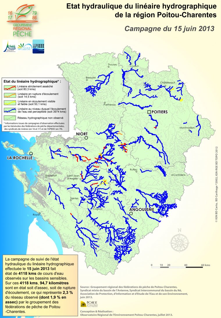 Etat hydraulique du linéaire hydrographique de la région Poitou-Charentes - Campagne du 15 juin 2013