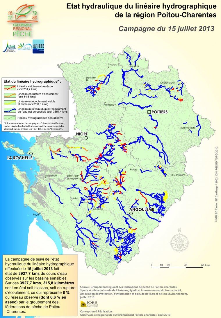 Etat hydraulique du linéaire hydrographique de la région Poitou-Charentes - Campagne du 15 juillet 2013