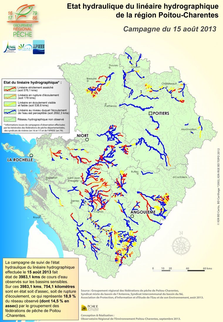 Etat hydraulique du linéaire hydrographique de la région Poitou-Charentes - Campagne du 15 août 2013