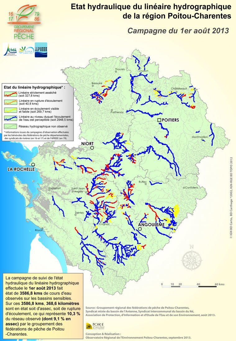 Etat hydraulique du linéaire hydrographique du département de la région Poitou-Charentes - Campagne du 1er août 2013