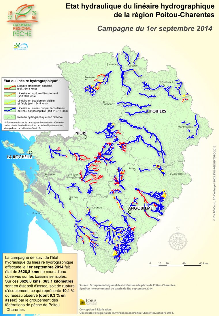 Etat hydraulique du linéaire hydrographique de la région Poitou-Charentes - Campagne du 1er septembre 2014