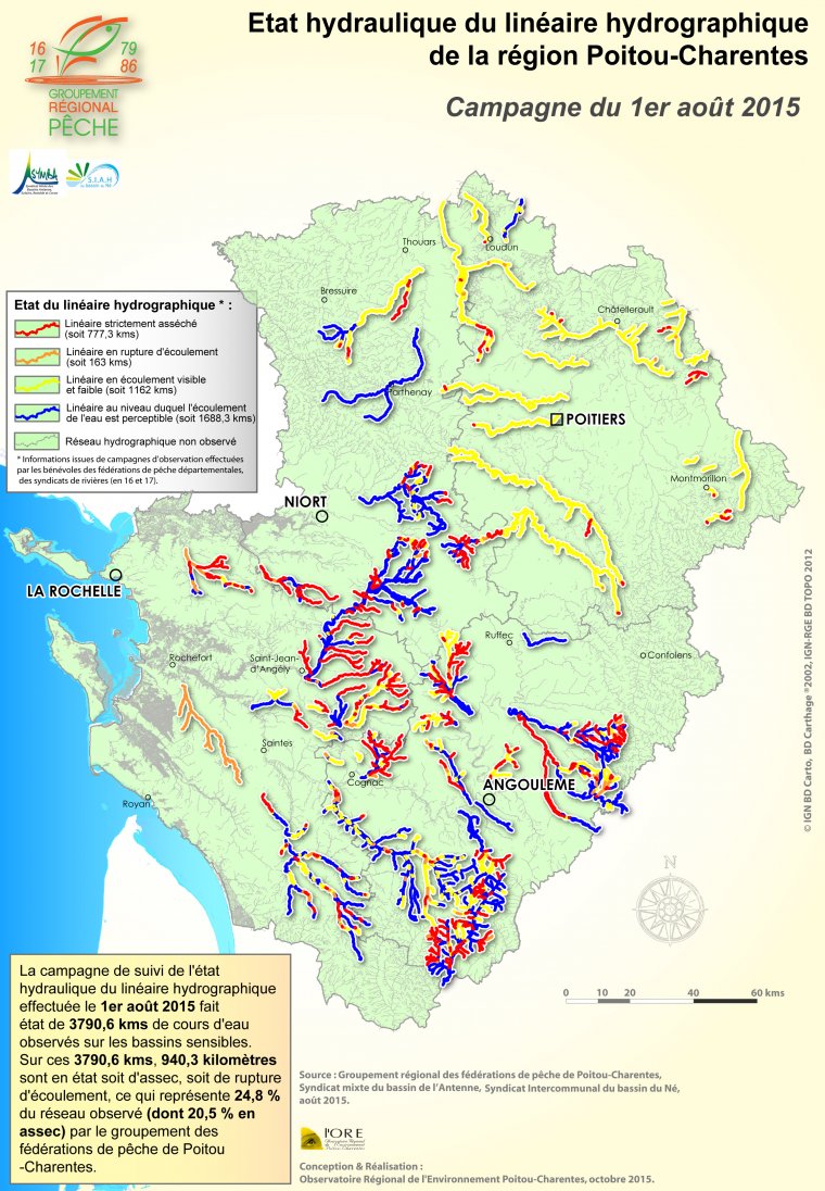 Etat hydraulique du linéaire hydrographique de la région Poitou-Charentes - Campagne du 1er août 2015
