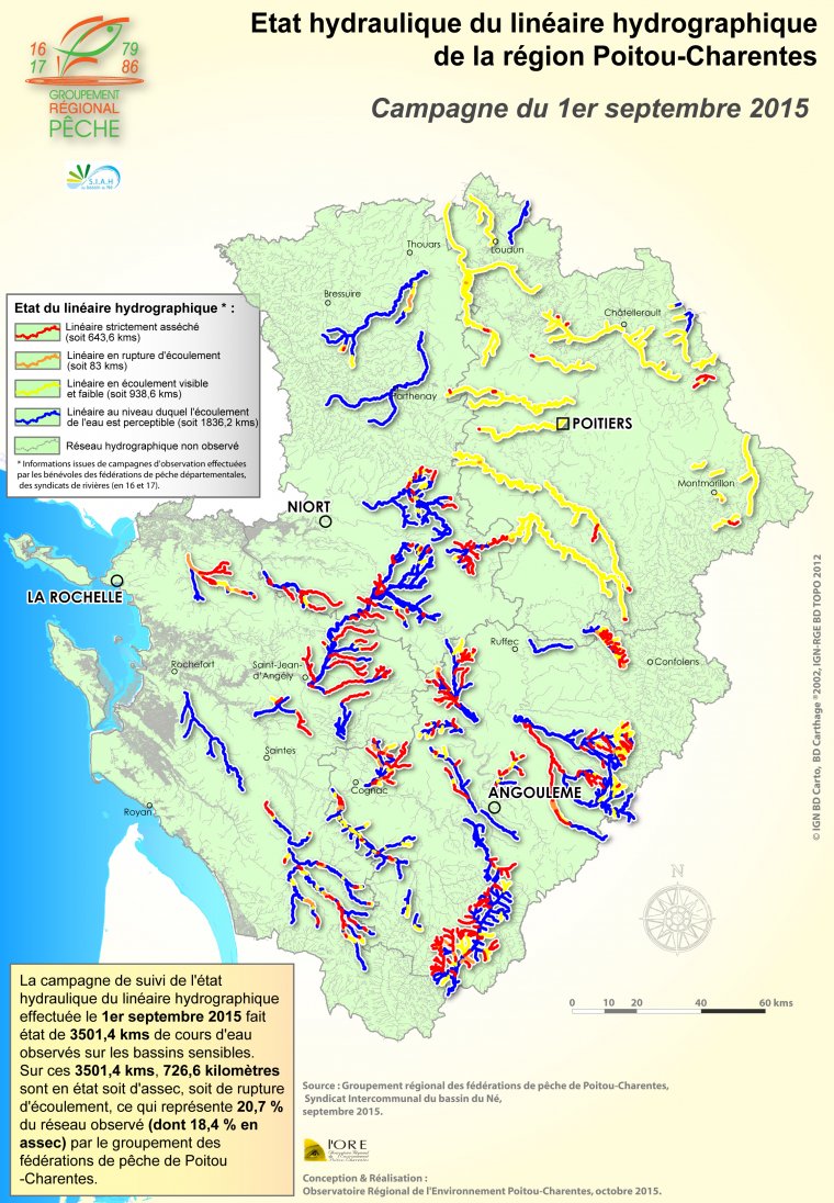 Etat hydraulique du linéaire hydrographique de la région Poitou-Charentes - Campagne du 1er septembre 2015