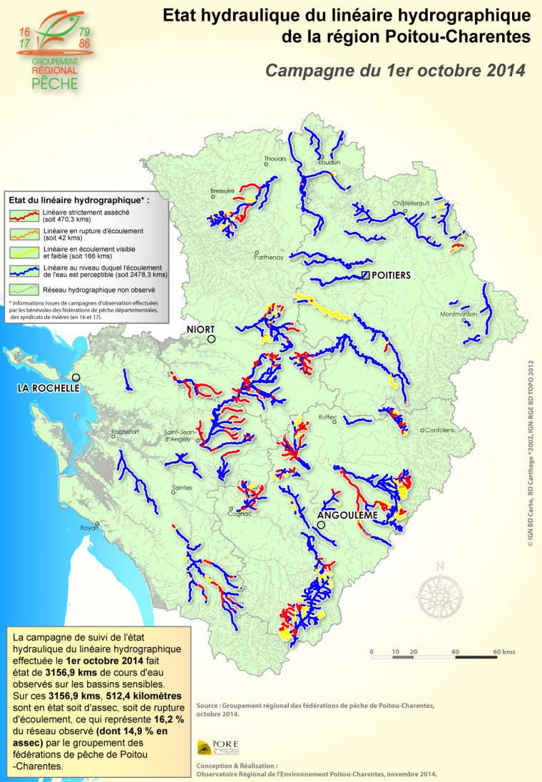 Etat hydraulique du linéaire hydrographique de la région Poitou-Charentes - Campagne du 1er octobre 2014