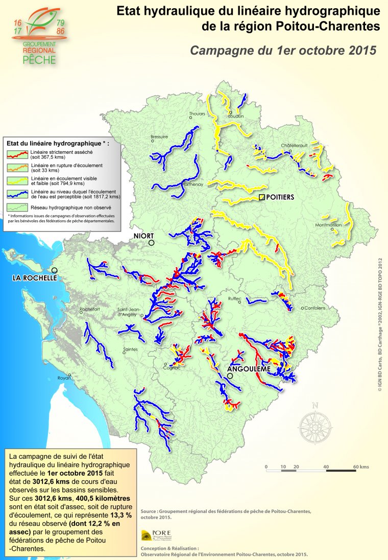 Etat hydraulique du linéaire hydrographique de la région Poitou-Charentes - Campagne du 1er octobre 2015