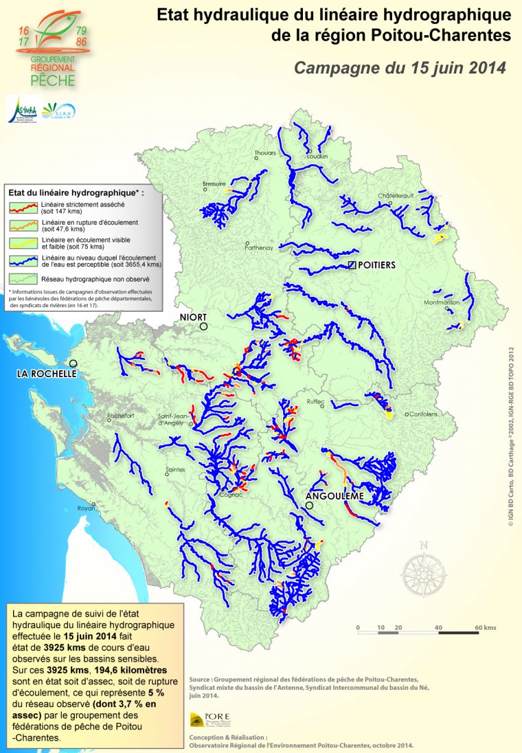 Etat hydraulique du linéaire hydrographique de la région Poitou-Charentes - Campagne du 15 juin 2014