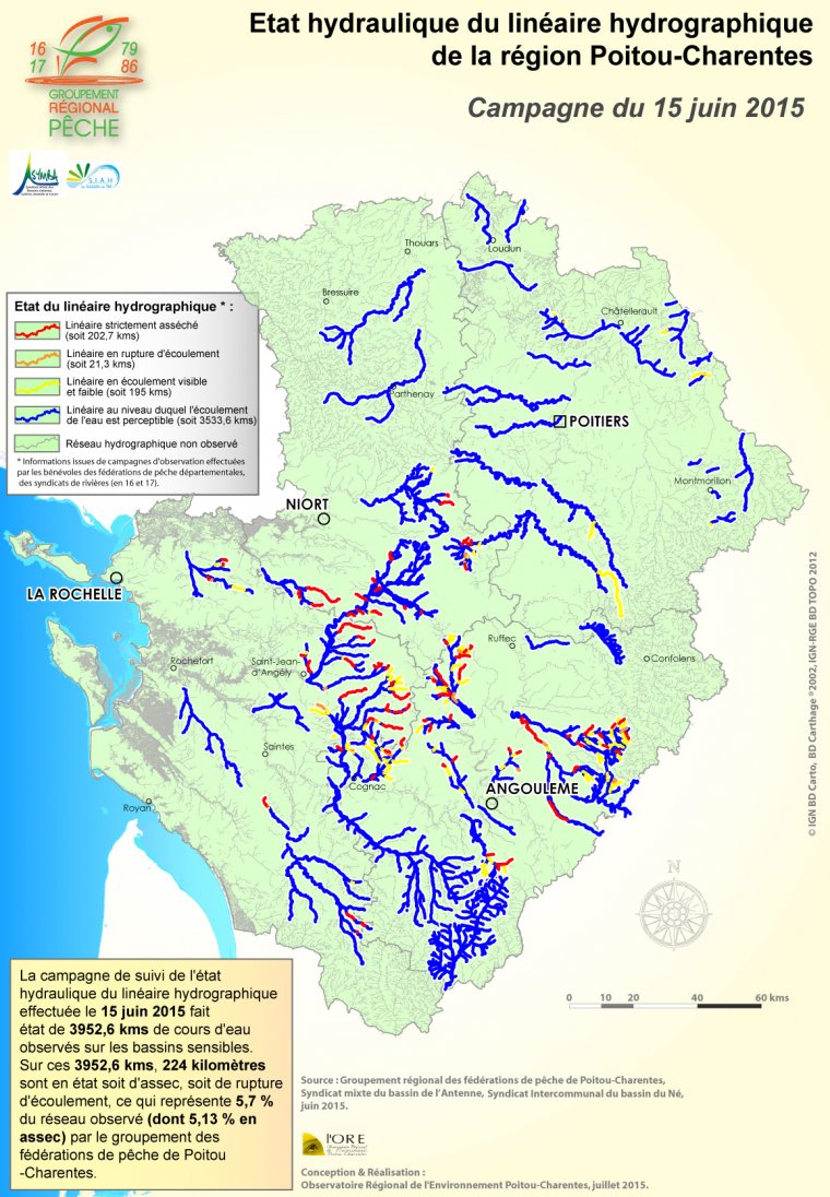 Etat hydraulique du linéaire hydrographique de la région Poitou-Charentes - Campagne du 15 juin 2015