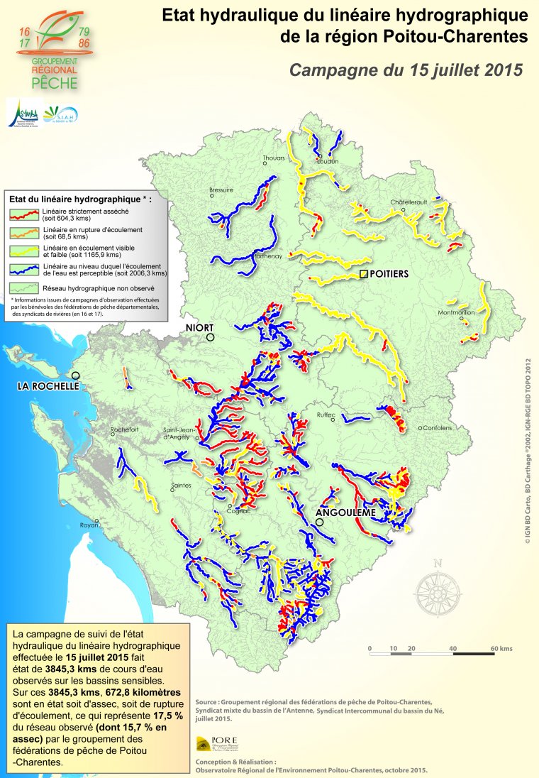 Etat hydraulique du linéaire hydrographique de la région Poitou-Charentes - Campagne du 15 juillet 2015
