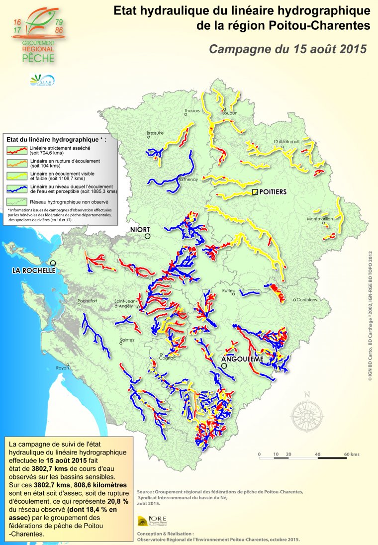 Etat hydraulique du linéaire hydrographique de la région Poitou-Charentes - Campagne du 15 août 2015