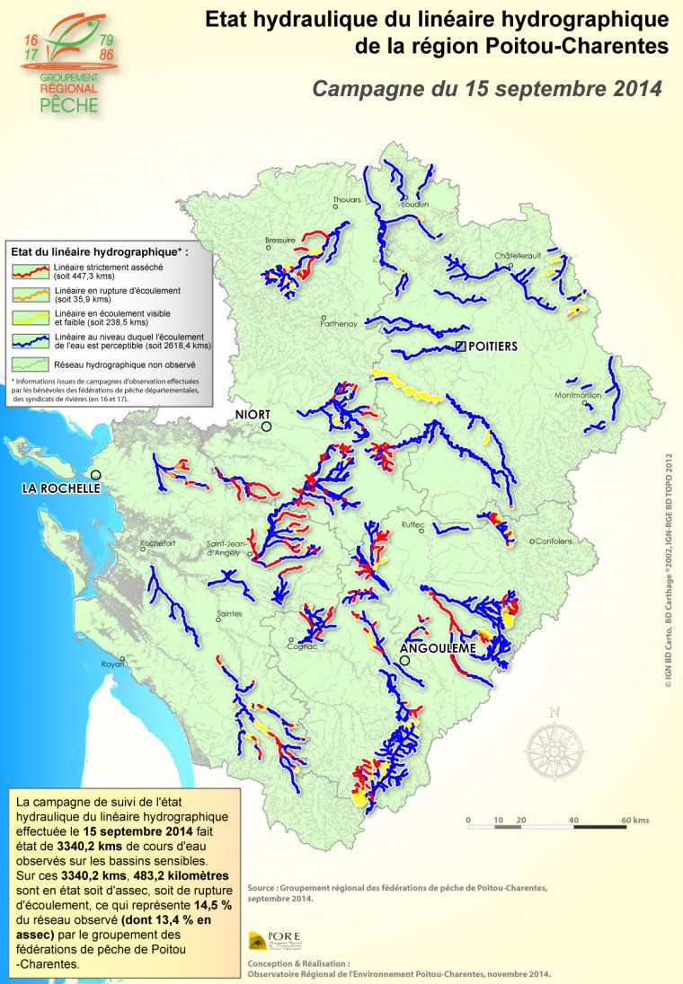 Etat hydraulique du linéaire hydrographique de la région Poitou-Charentes - Campagne du 15 septembre 2014