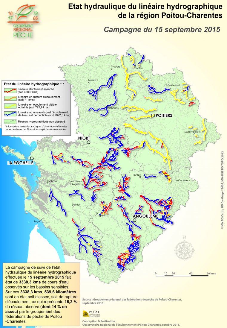 Etat hydraulique du linéaire hydrographique de la région Poitou-Charentes - Campagne du 15 septembre 2015
