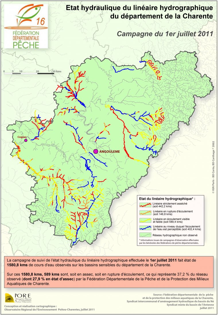 Etat hydraulique du linéaire hydrographique du département de la Charente - Campagne du 1er juillet 2011