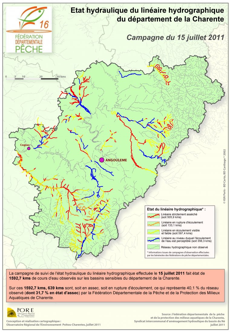 Etat hydraulique du linéaire hydrographique du département de la Charente - Campagne du 15 juillet 2011