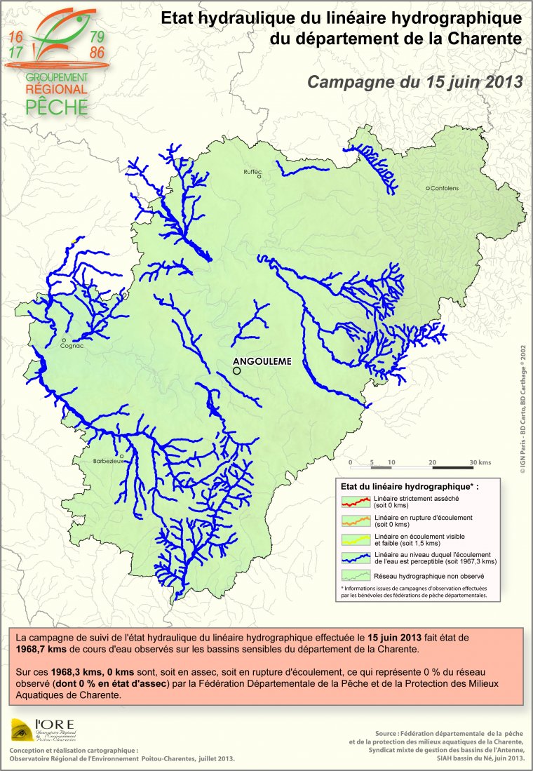 Etat hydraulique du linéaire hydrographique du département de la Charente - Campagne du 15 juin 2013