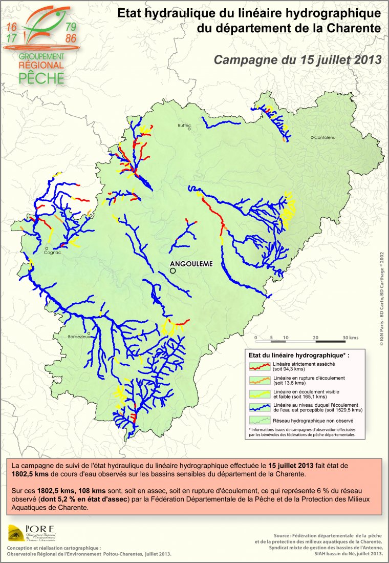 Etat hydraulique du linéaire hydrographique du département de la Charente- Campagne du 15 juillet 2013