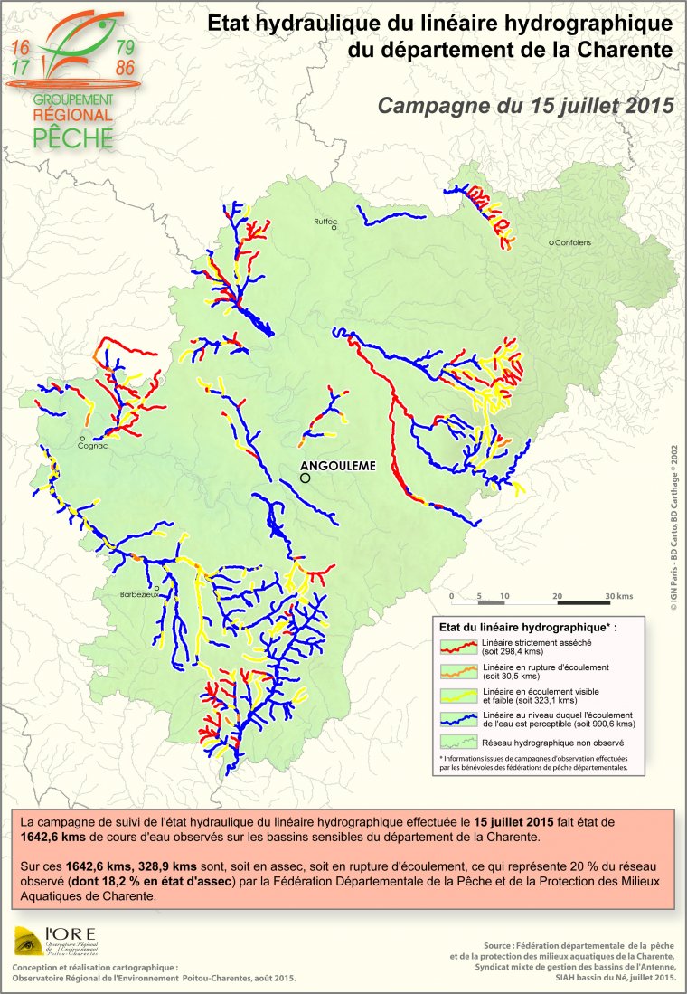 Etat hydraulique du linéaire hydrographique du département de la Charente - Campagne du 15 juillet 2015