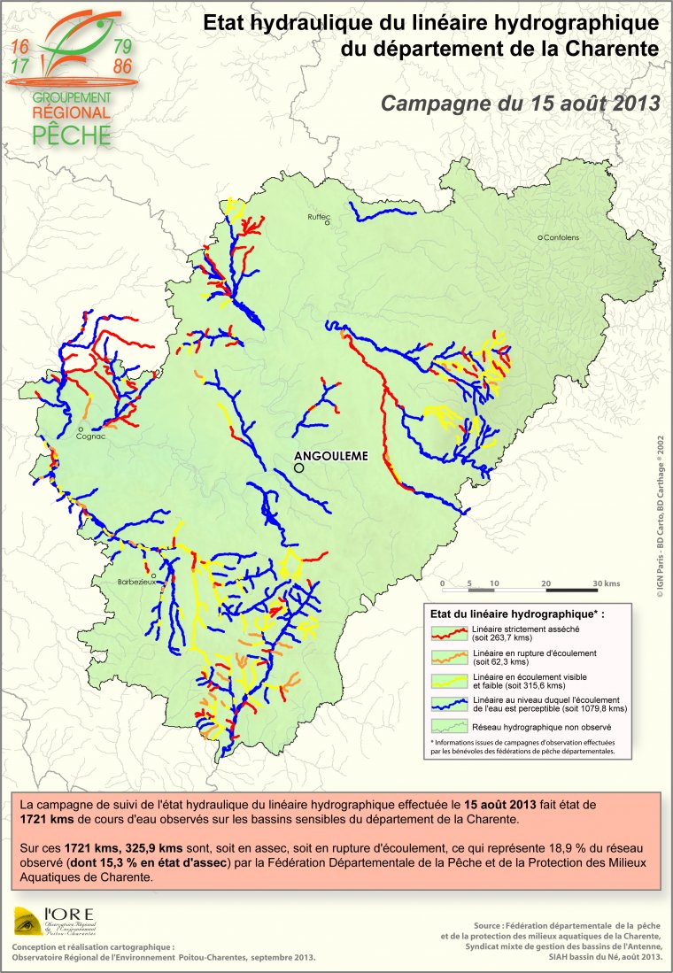 Etat hydraulique du linéaire hydrographique du département de la Charente- Campagne du 15 août 2013