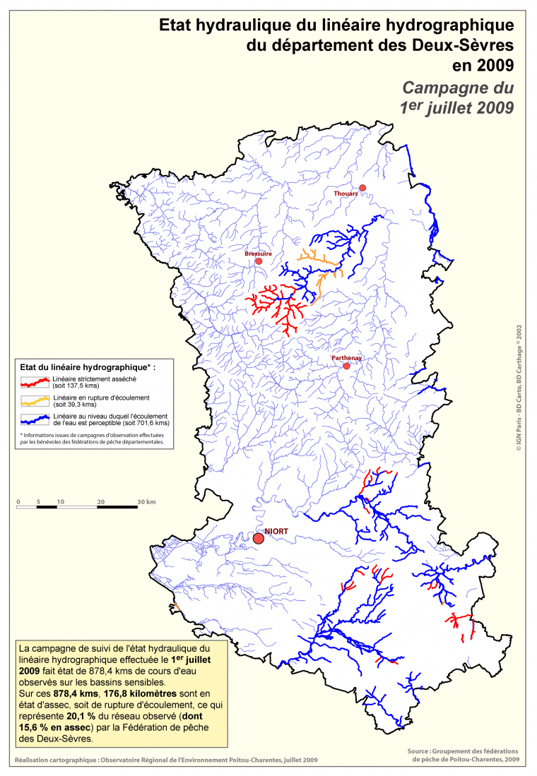 Etat hydraulique du linéaire hydrographique du département des Deux-Sèvres au 1er juillet 2009