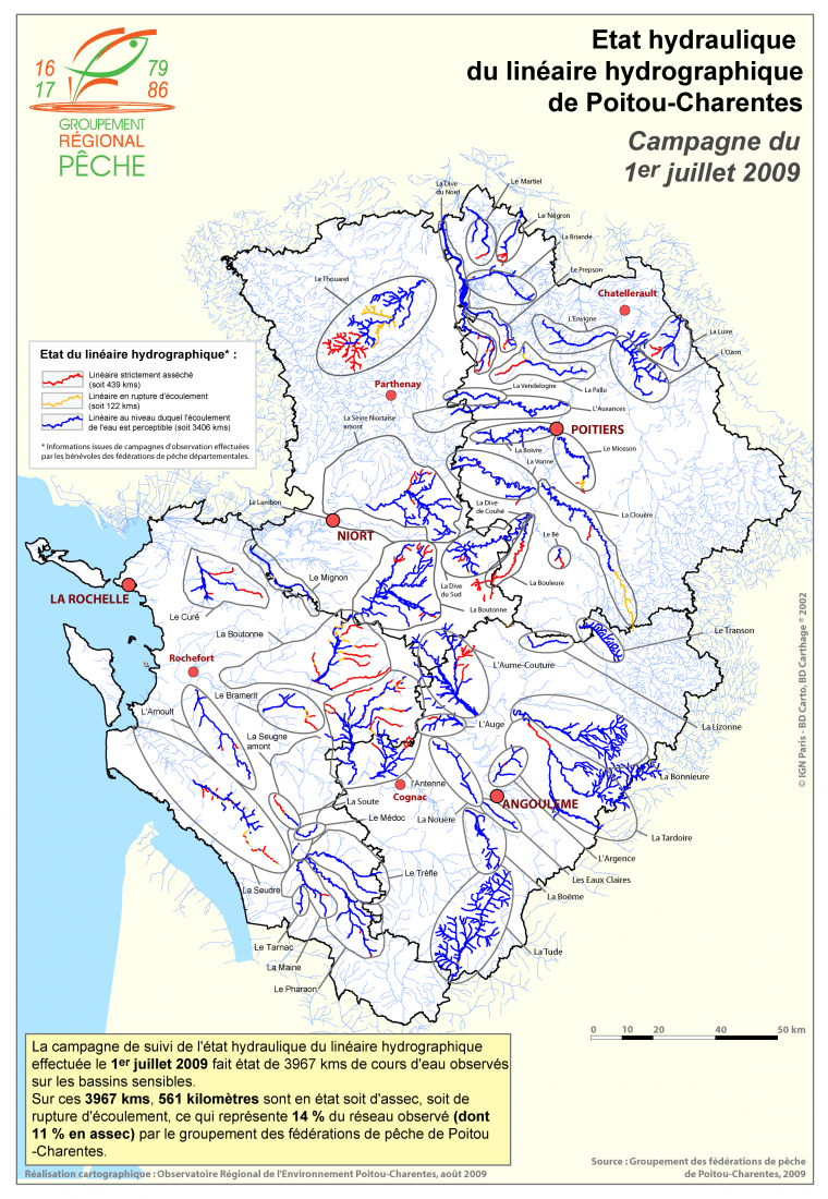 Etat hydraulique du linéaire hydrographique de Poitou-Charentes - Campagne du 1er juillet 2009
