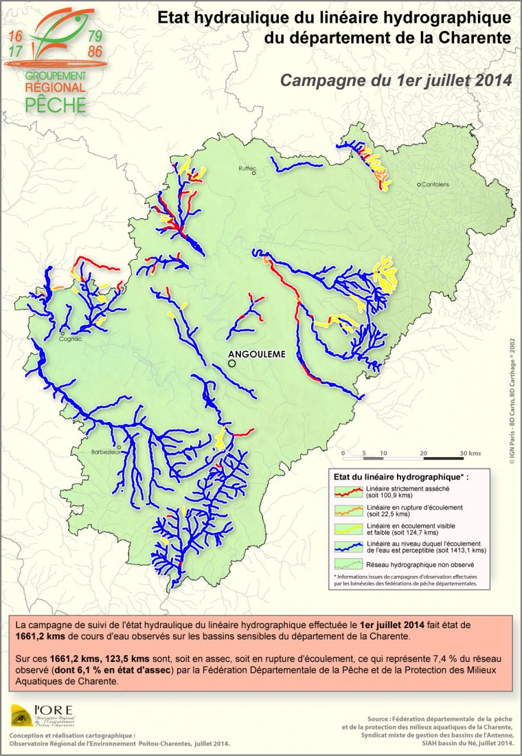 Etat hydraulique du linéaire hydrographique du département de la Charente - Campagne du 1er juillet 2014