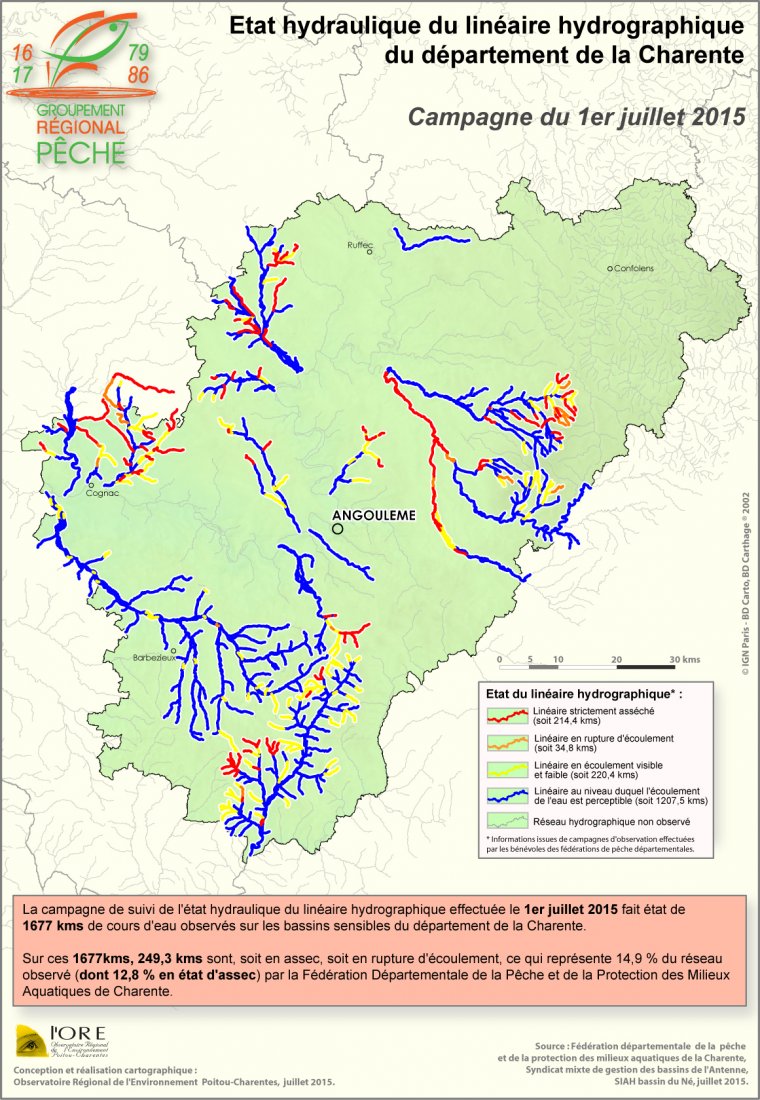 Etat hydraulique du linéaire hydrographique du département de la Charente - Campagne du 1er juillet 2015
