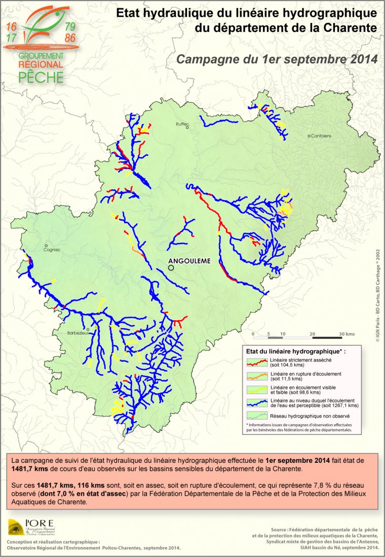 Etat hydraulique du linéaire hydrographique du département de la Charente - Campagne du 1er septembre 2014