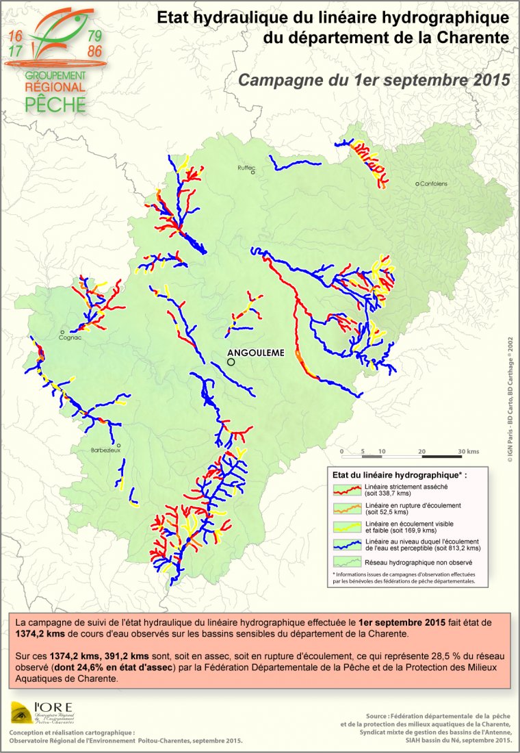 Etat hydraulique du linéaire hydrographique du département de la Charente - Campagne du 1er septembre 2015