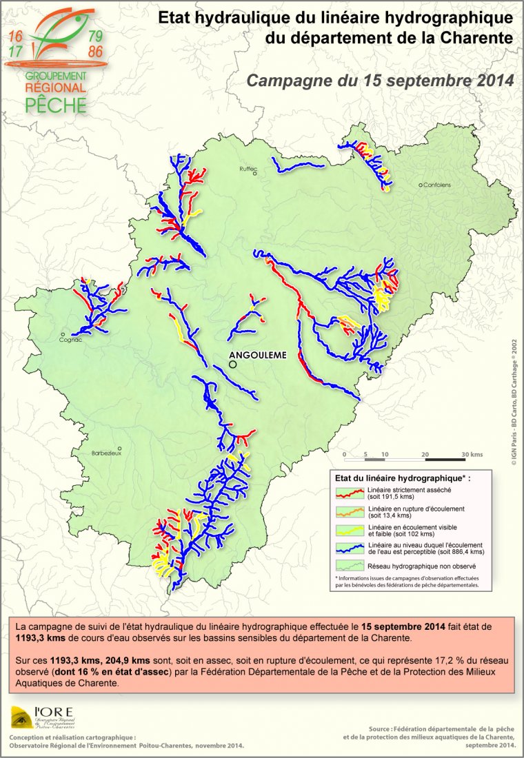 Etat hydraulique du linéaire hydrographique du département de la Charente - Campagne du 15 septembre 2014