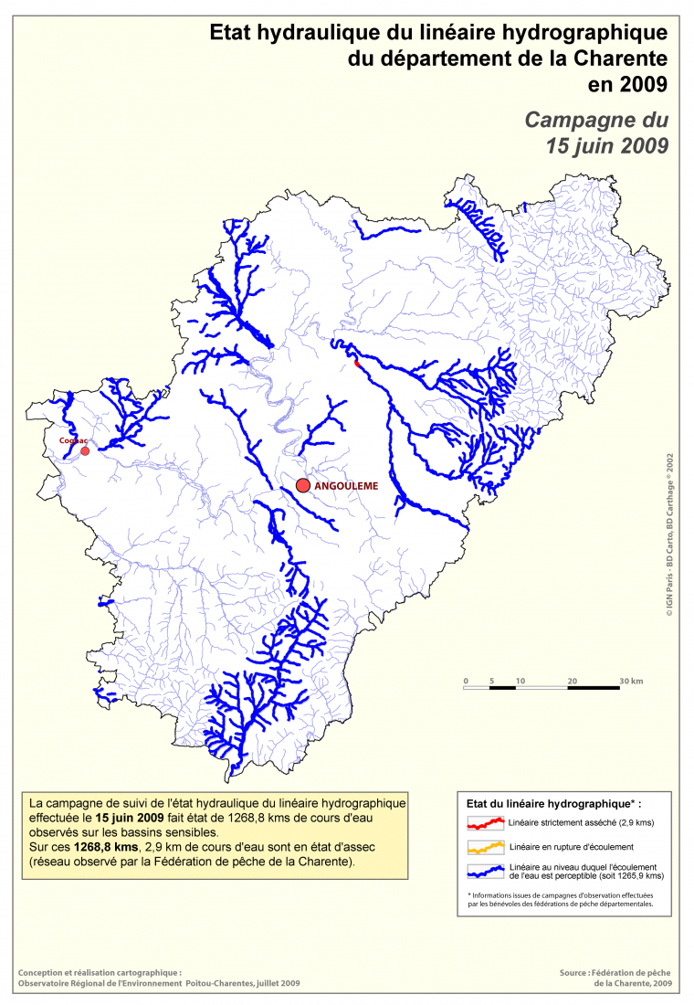 Etat hydraulique du linéaire hydrographique du département de la Charente au 15 juin 2009