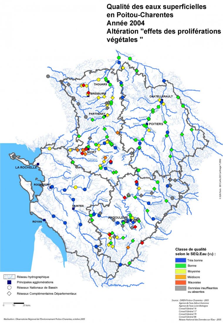 Qualité des eaux superficielles, altération "Effets des proliférations végétales" en Poitou-Charentes, en 2004