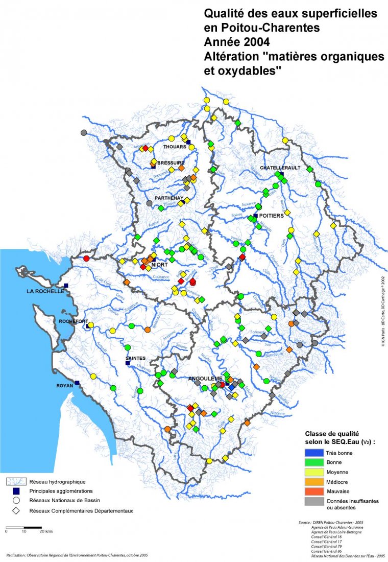 Qualité des eaux superficielles, altération "Matières organiques et oxydables" en Poitou-Charentes, en 2004