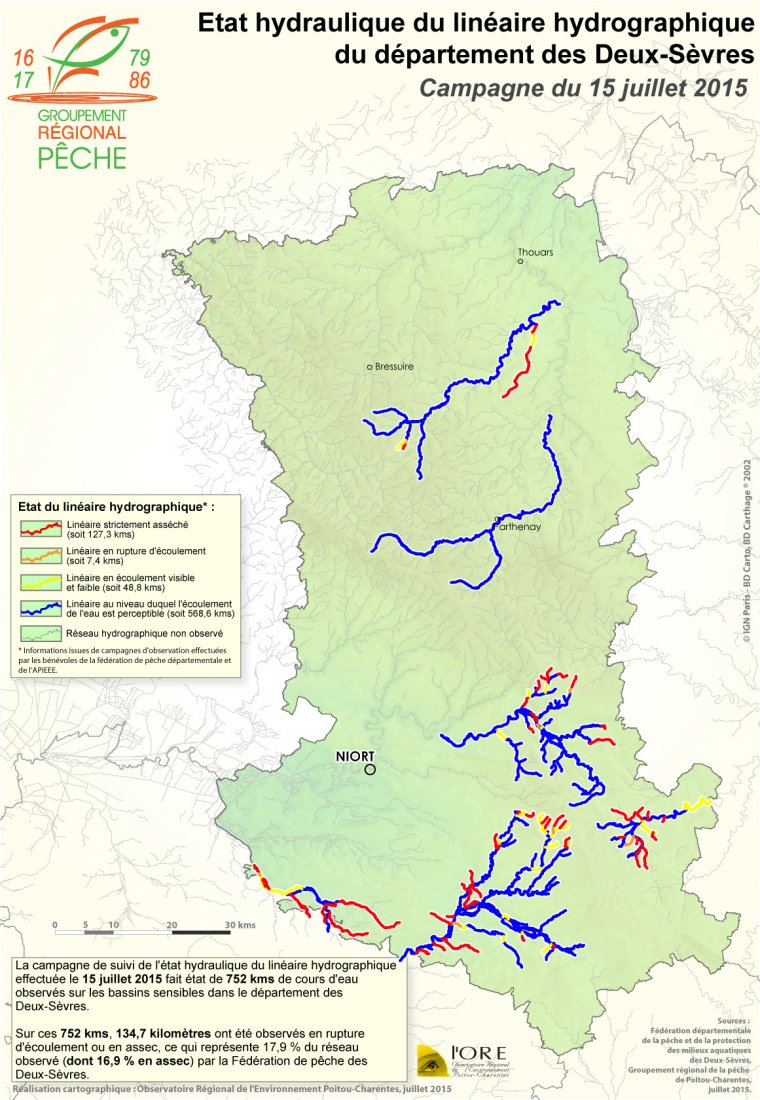 Etat hydraulique du linéaire hydrographique du département des Deux-Sèvres - Campagne du 15 juillet 2015