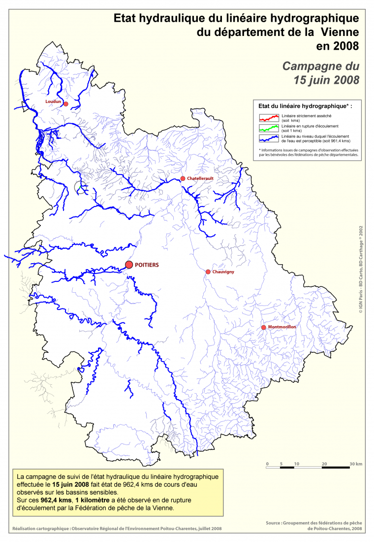 Etat hydraulique du linéaire hydrographique du département de la Vienne, campagne du 15 juin 2008