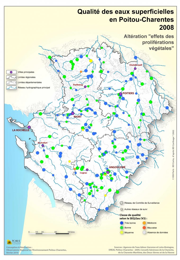 Qualité des eaux superficielles en Poitou-Charentes - Altération " Effets des proliférations végétales" en 2008