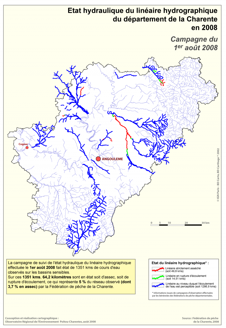 Etat hydraulique du linéaire hydrographique du département de la Charente, campagne du 1er août 2008